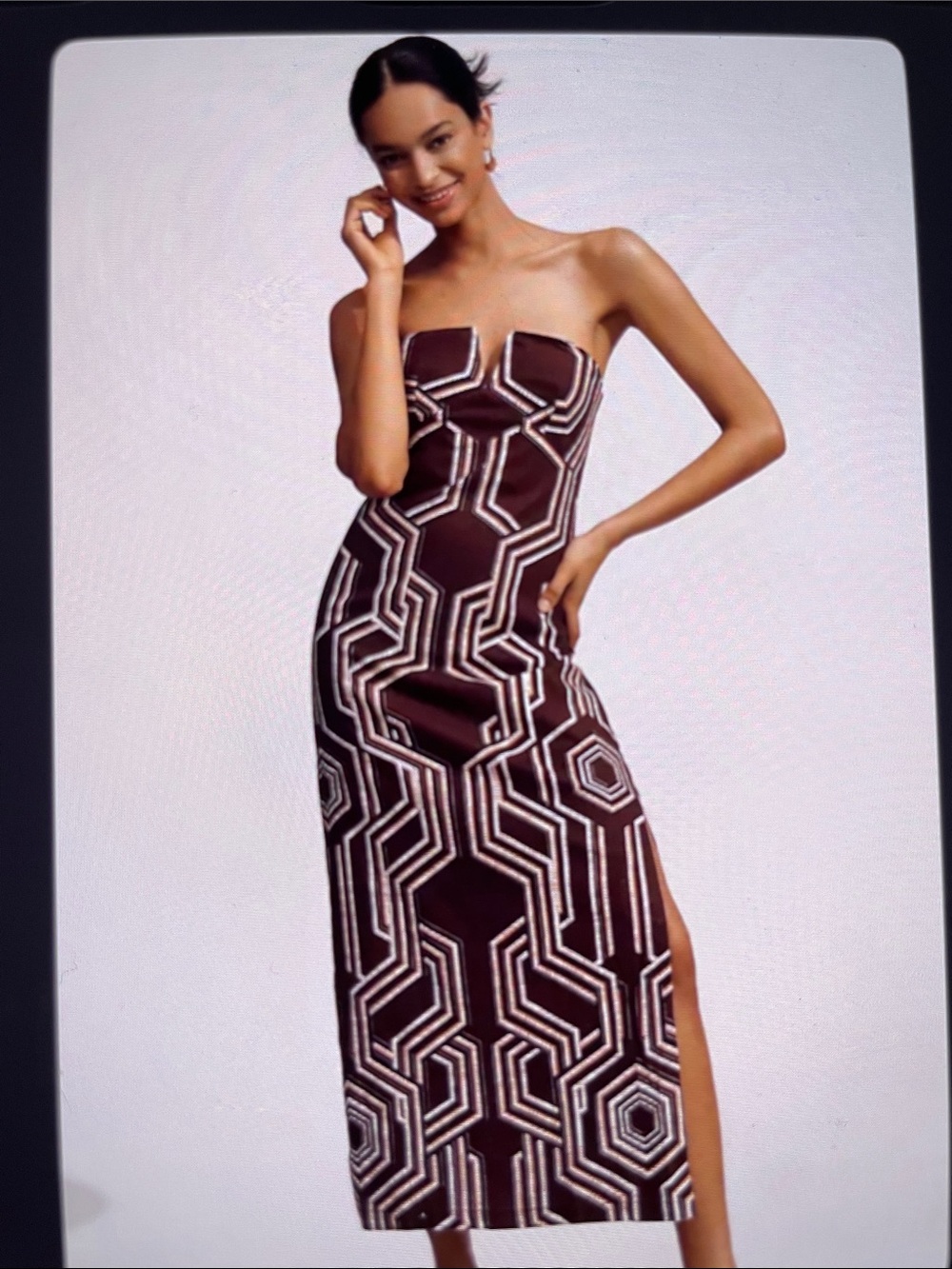 Anthropologie Strapless Notched Geometric Midi Dress in Brown and Cream